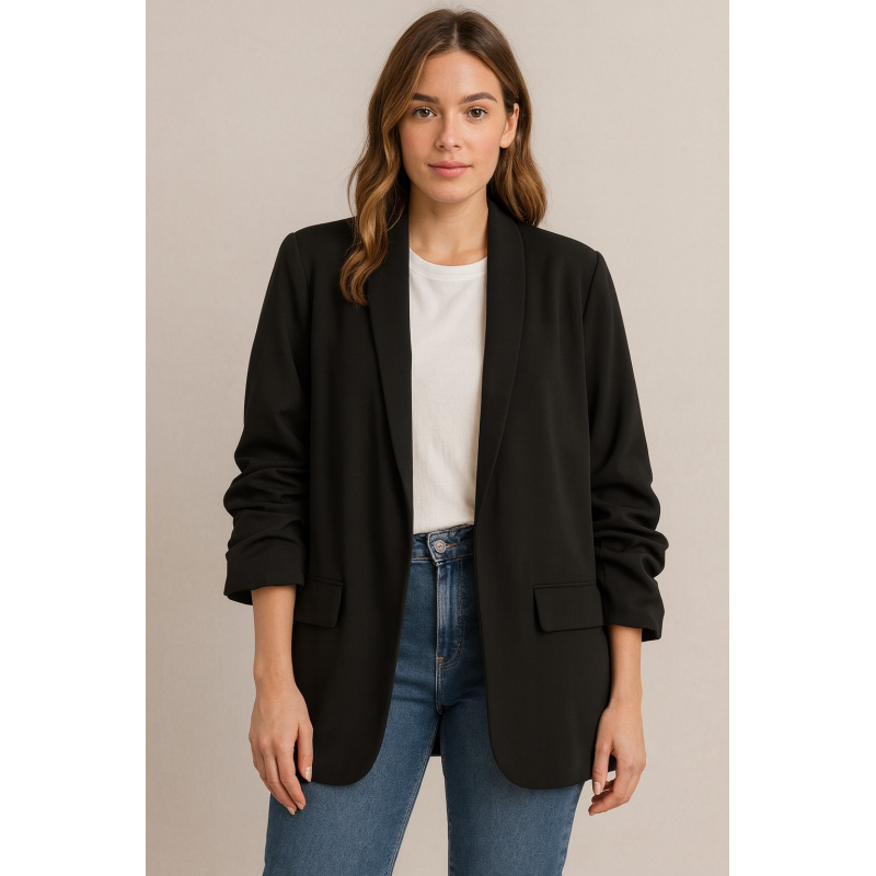 Oversized Black Blazer με Σουρωτά Μανίκια & Φόδρα