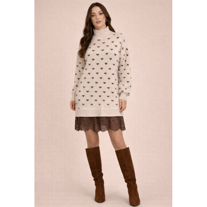 Φόρεμα -πουλόβερ πλεκτό  με Καρδιές & Δαντέλα