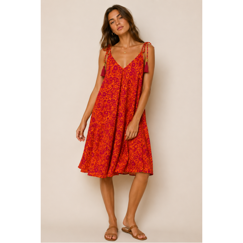 Boho Art Silk Mini Φόρεμα με Ρυθμιζόμενες Τιράντες & Φουντάκια –