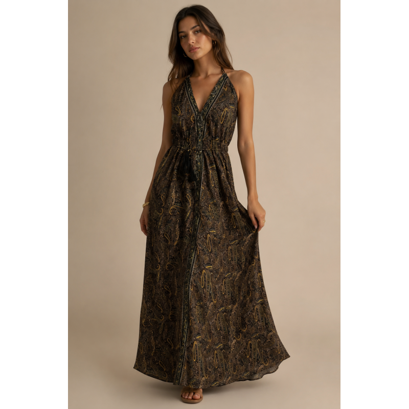 Maxi Φόρεμα Paisley Art Silk με Ανοιχτή Πλάτη 