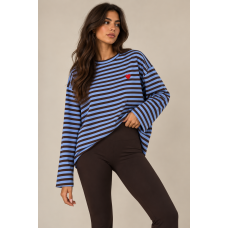 Γυναικεία Μπλούζα Ριγέ Oversized με Καρδιά – Καφέ & Γαλάζιο