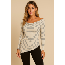Grey Soft Stripe – Μακρυμάνικη Μπλούζα με Ντραπέ Λαιμόκοψη