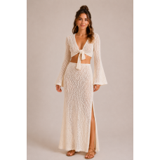 Γυναικείο Πλεκτό Σετ Εκρού με Maxi Φούστα και Crop Top 