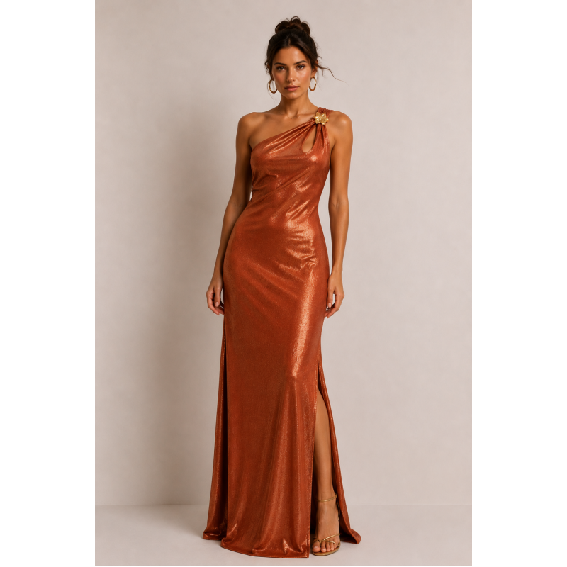 Aurora Copper One Shoulder Maxi Dress
