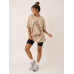 Γυναικείο Oversized Μπεζ T-Shirt με Floral Print και Βάτες στους Ώμους