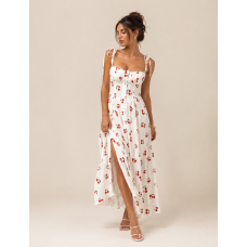 Σεμιζιέ Φόρεμα Cherry Blossom με Print Κερασάκια – One Size | Λευκό & Μαύρο