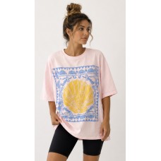 Γυναικείο Oversized T-Shirt με Βάτες και Summer Print σε Ροζ & Λευκό