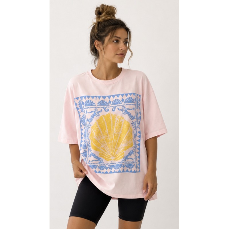 Γυναικείο Oversized T-Shirt με Βάτες και Summer Print σε Ροζ & Λευκό