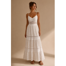 Boho Maxi Φούστα Δαντέλα με Κέντημα & Φόδρα – Λευκή