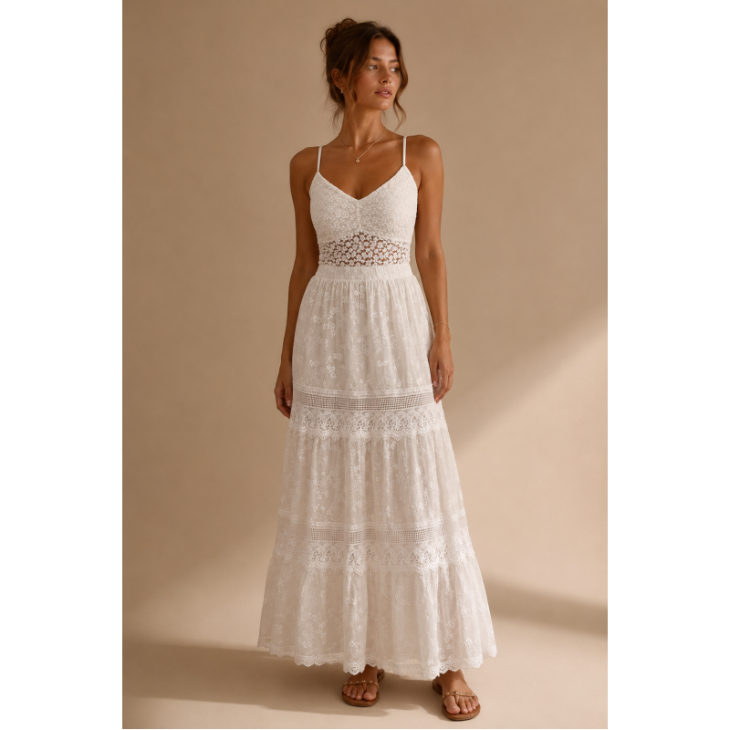 Boho Maxi Φούστα Δαντέλα με Κέντημα & Φόδρα – Λευκή