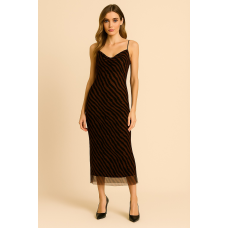 Midi Slip Dress “Chocolate Bloom” με Ντραπέ Μπούστο 