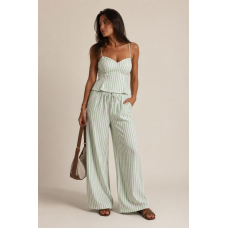  Γυναικείο Σετ Ριγέ Μέντα-Λευκό με Peplum Top & Παντελόνα One Size