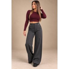 Γυναικεία Παντελόνα Wide Leg Γκρι Ψηλόμεση με Χρυσές Λεπτομέρειες