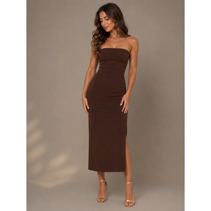 Strapless Midi Φόρεμα με Σκίσιμο 