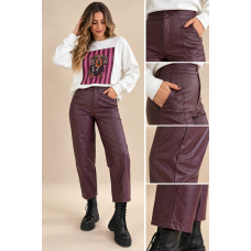 Γυναικείο Ψηλόμεσο Leather Παντελόνι Μπορντό 
