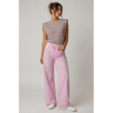 Ροζ Τζιν Παντελόνι Ψηλόμεσο με Strass & Σταυρωτό Κούμπωμα – Wide Leg