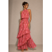 Maxi Φόρεμα Paisley Halter Ροζ με Βολάν & Χρυσοκλωστή