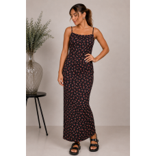 Maxi Ριπ Φόρεμα Floral Noir – Μαύρο με Κόκκινα Λουλούδια