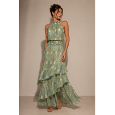 Maxi Φόρεμα Paisley Halter Ροζ με Βολάν & Χρυσοκλωστή