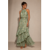 Maxi Φόρεμα Paisley Halter Ροζ με Βολάν & Χρυσοκλωστή