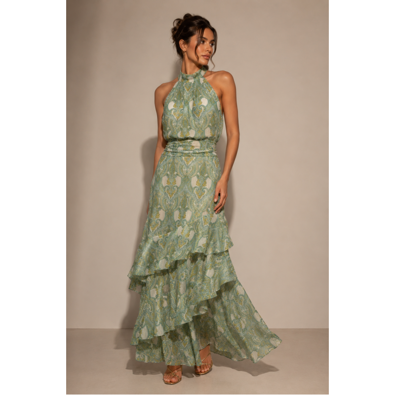 Maxi Φόρεμα Paisley Halter Ροζ με Βολάν & Χρυσοκλωστή