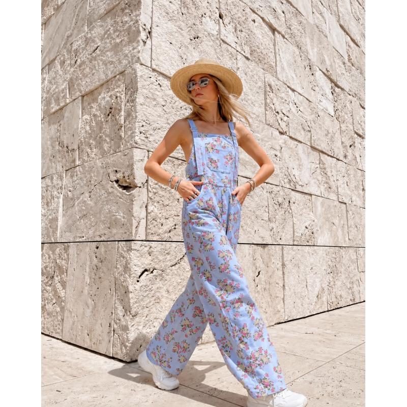 Floral Sky Denim Overalls