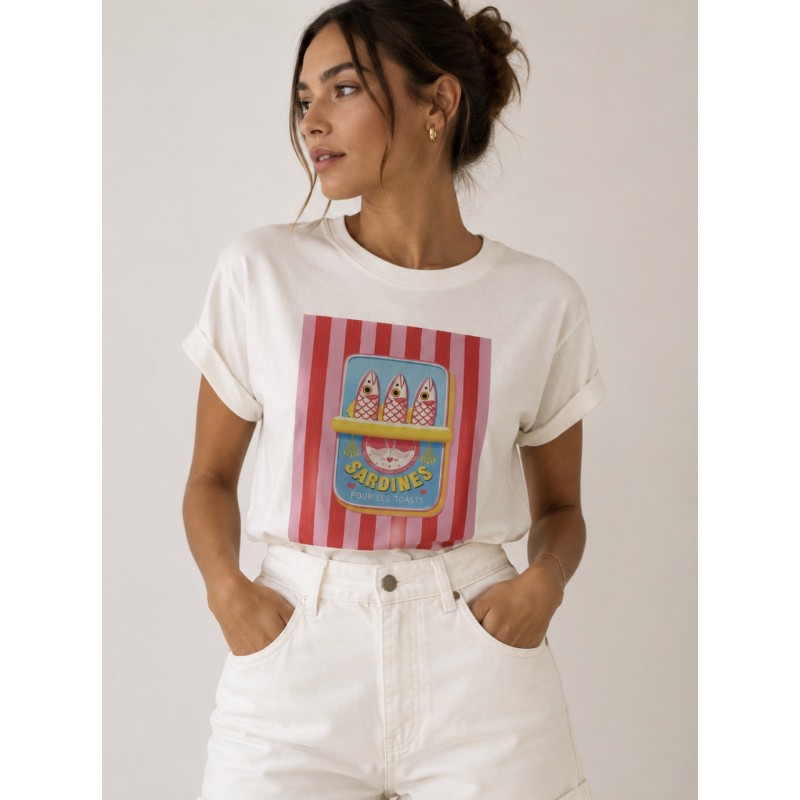T-Shirt Sardines Print  Λευκό