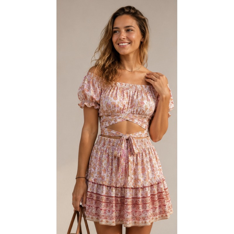 Boho Blossom Σετ Φούστα & Crop Top – Pink Bloom