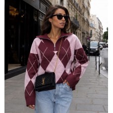 Bordeaux Argyle Zip Knit