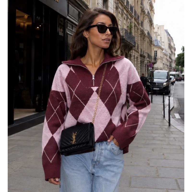 Bordeaux Argyle Zip Knit