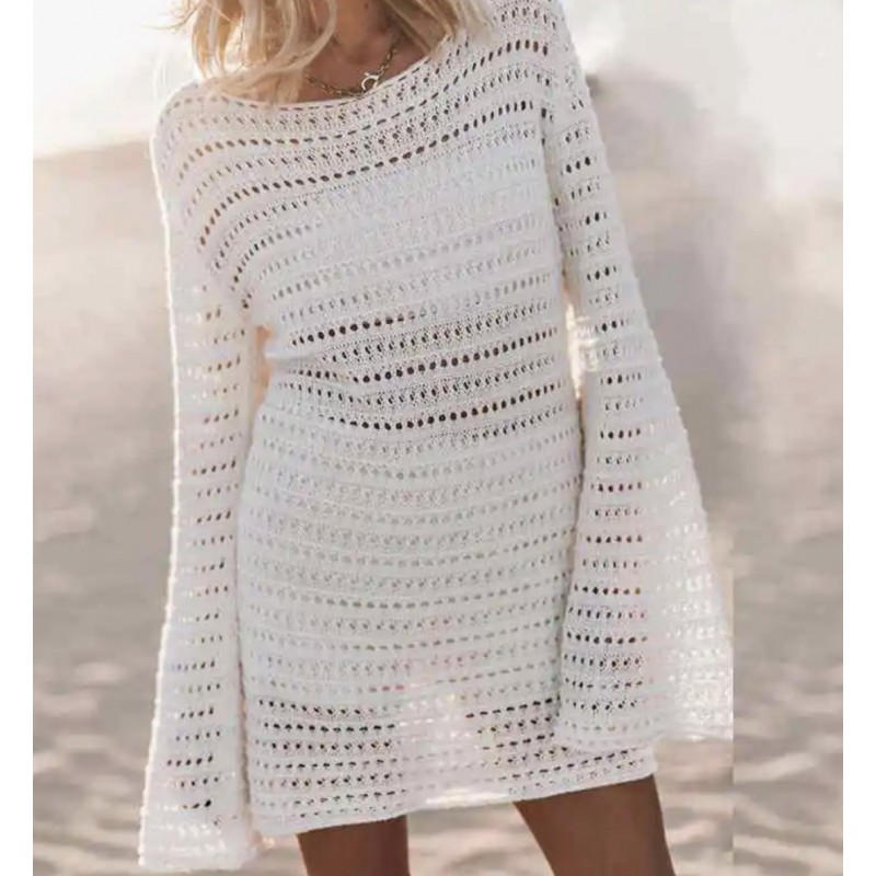 Λευκό Πλεκτό Beachwear Φόρεμα με Ανοιχτή Πλάτη