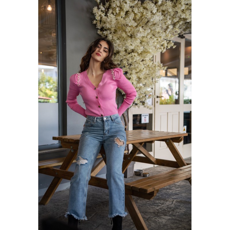 Τζιν με σκίσιμο και καρδιά από strass