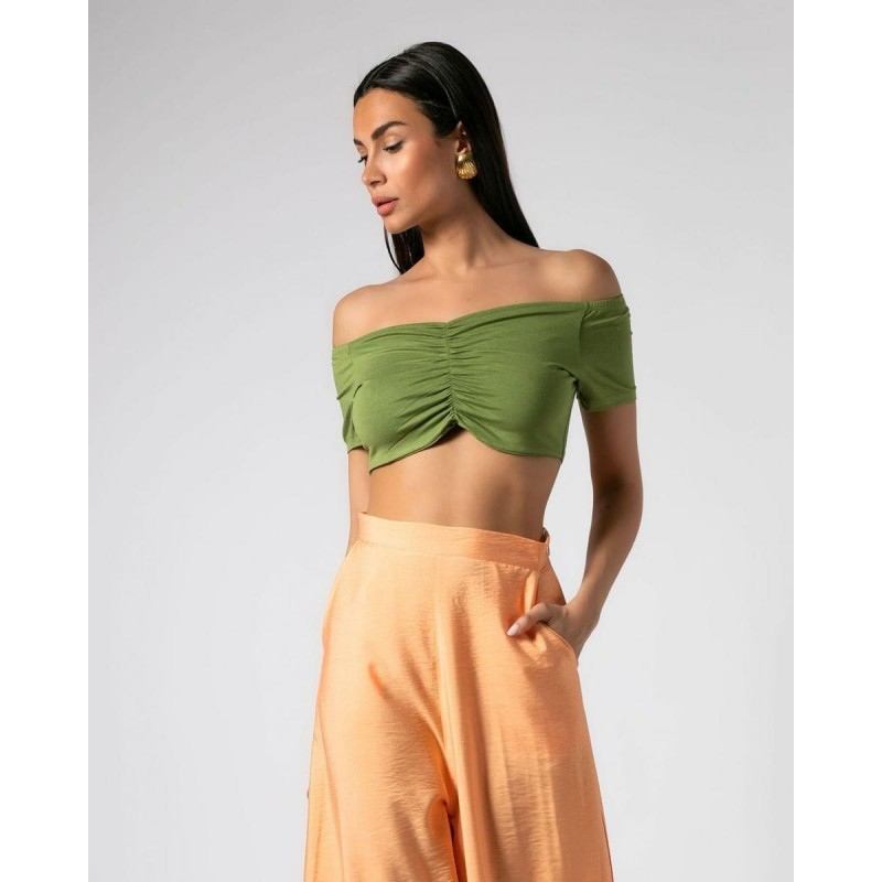 Μπλούζα top κοντομάνικη με σούρα στο στήθος Olive